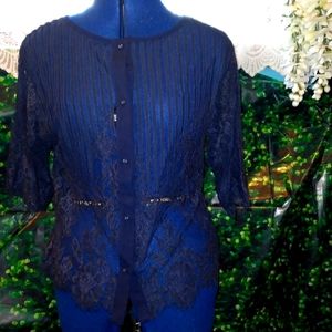 Lacy navy blue sheer button down blouse